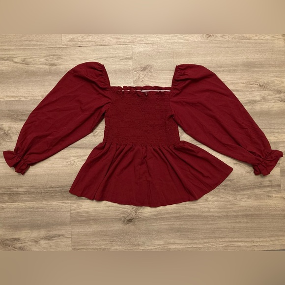 A26 Square Neck Smocked Blouse Flounced Long Sleeve Maroon Puff Sleeve sz Small - Picture 10 of 15
